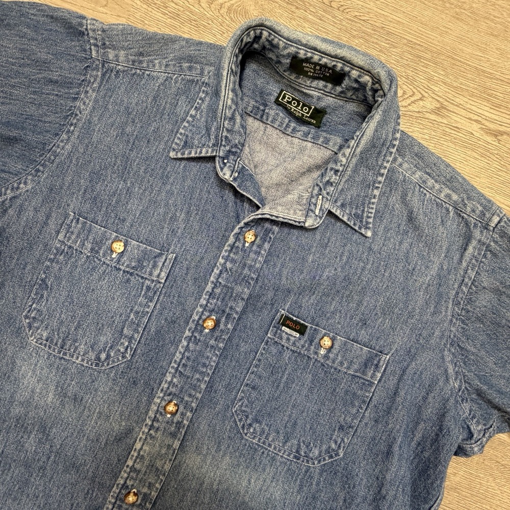 Vintage 90s Polo Ralph Lauren Denim Shirt Mens M USA Short Sleeve Workwear